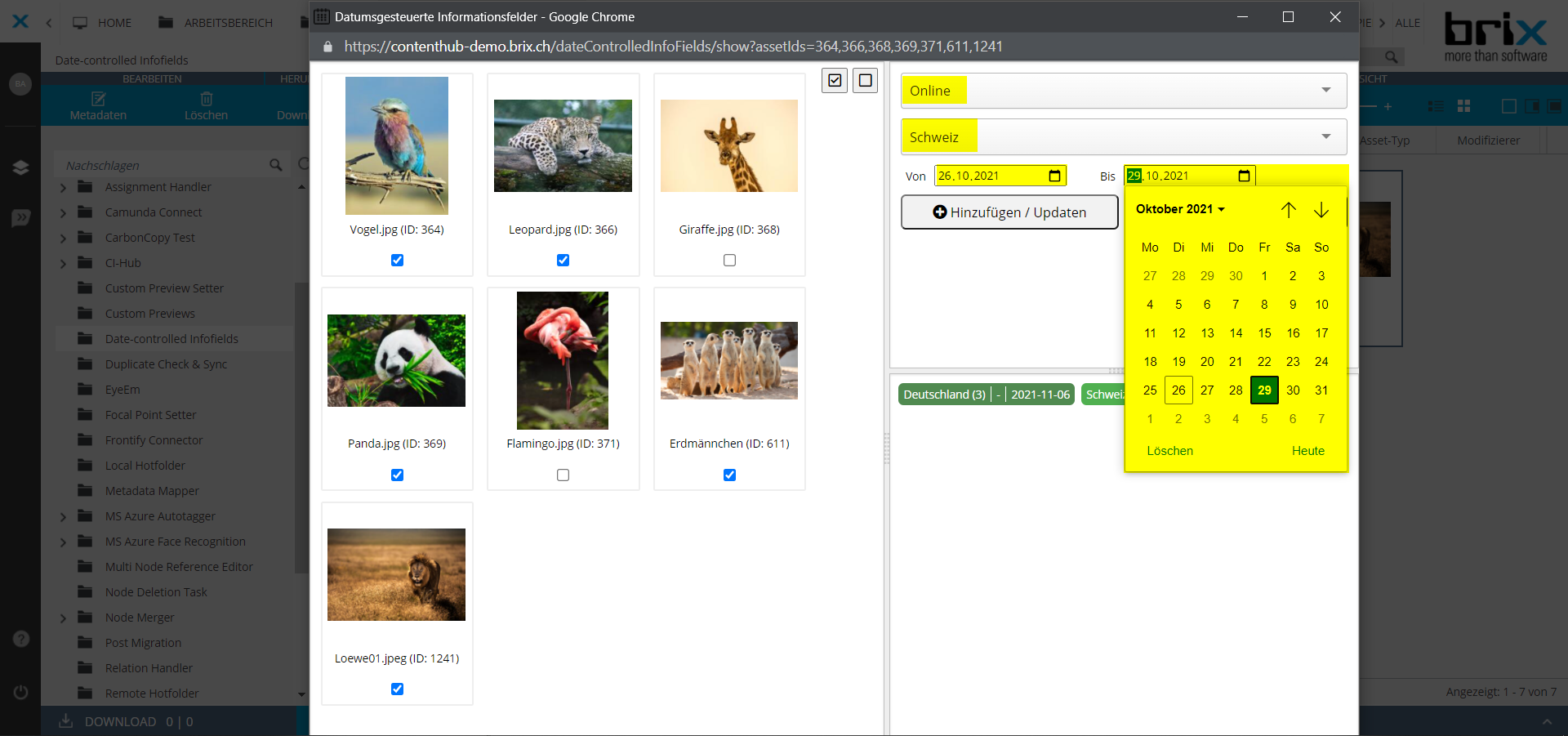 Date controlled infofields selection