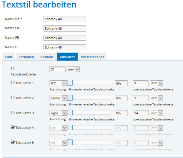 Textstil Tabulatoren